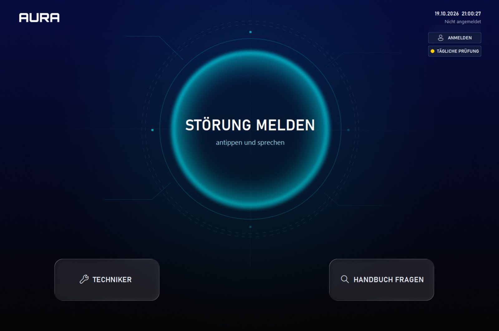 AURA Startbildschirm an der Anlage mit großer Schaltfläche „Störung melden“ sowie den Bereichen Techniker und Handbuch fragen